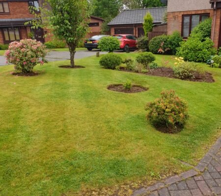 Takes more than a bit of rain to stop us . Garden done in stewartfield today . Edging weeding cut and strimed .