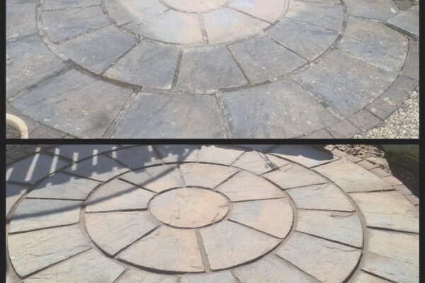 A patio we cleaned. We also removed the old cracked concrete pointing and re pointed.