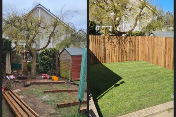 Back garden fenced off and some new turf laid.